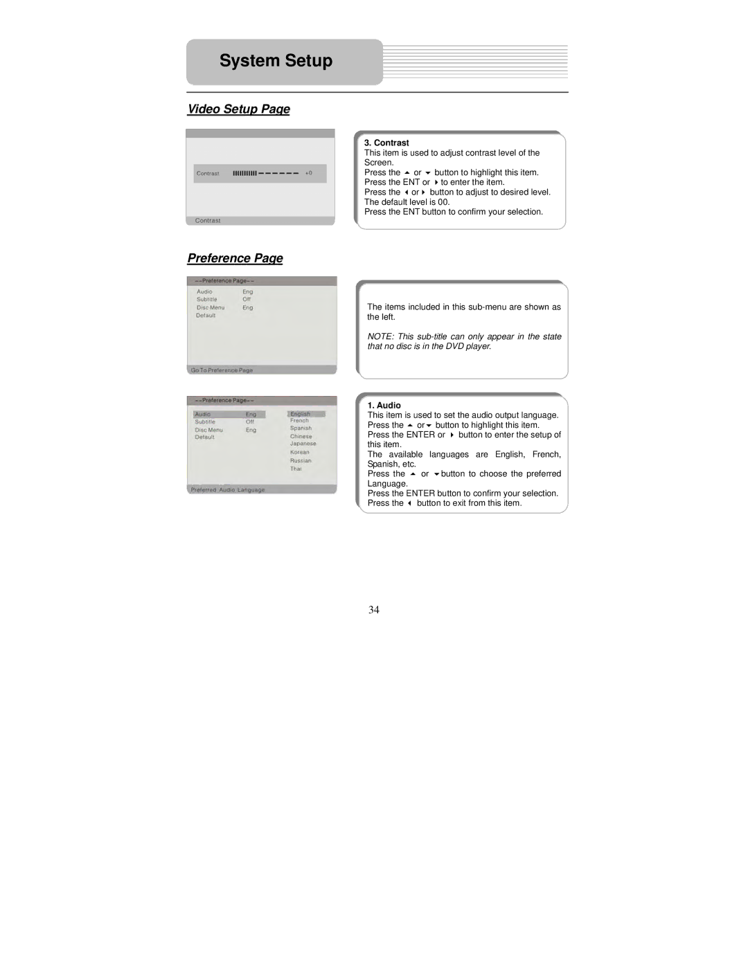 Polaroid PDM-0743LA operation manual Preference, Contrast, Audio 