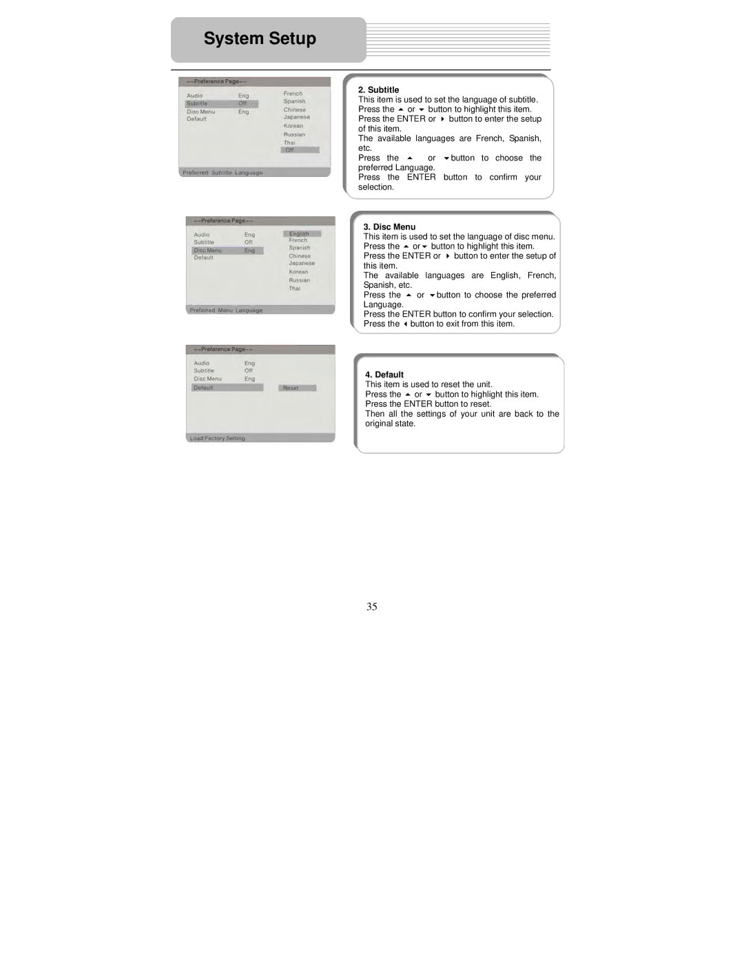 Polaroid PDM-0743LA operation manual Subtitle, Disc Menu, Default 