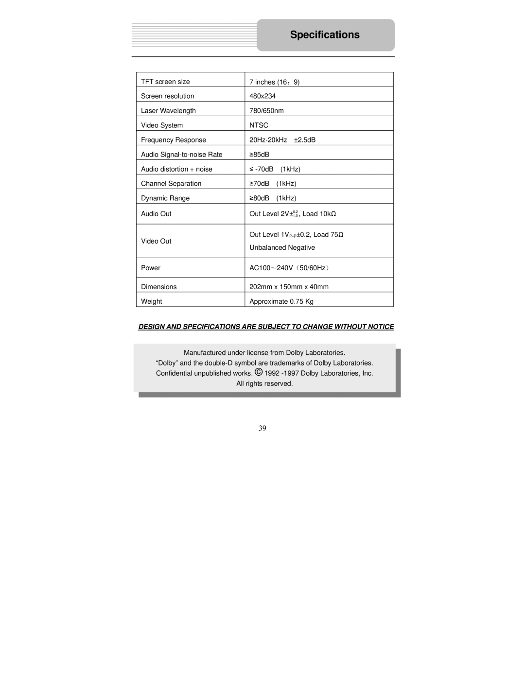 Polaroid PDM-0743LA operation manual Specifications, Ntsc 