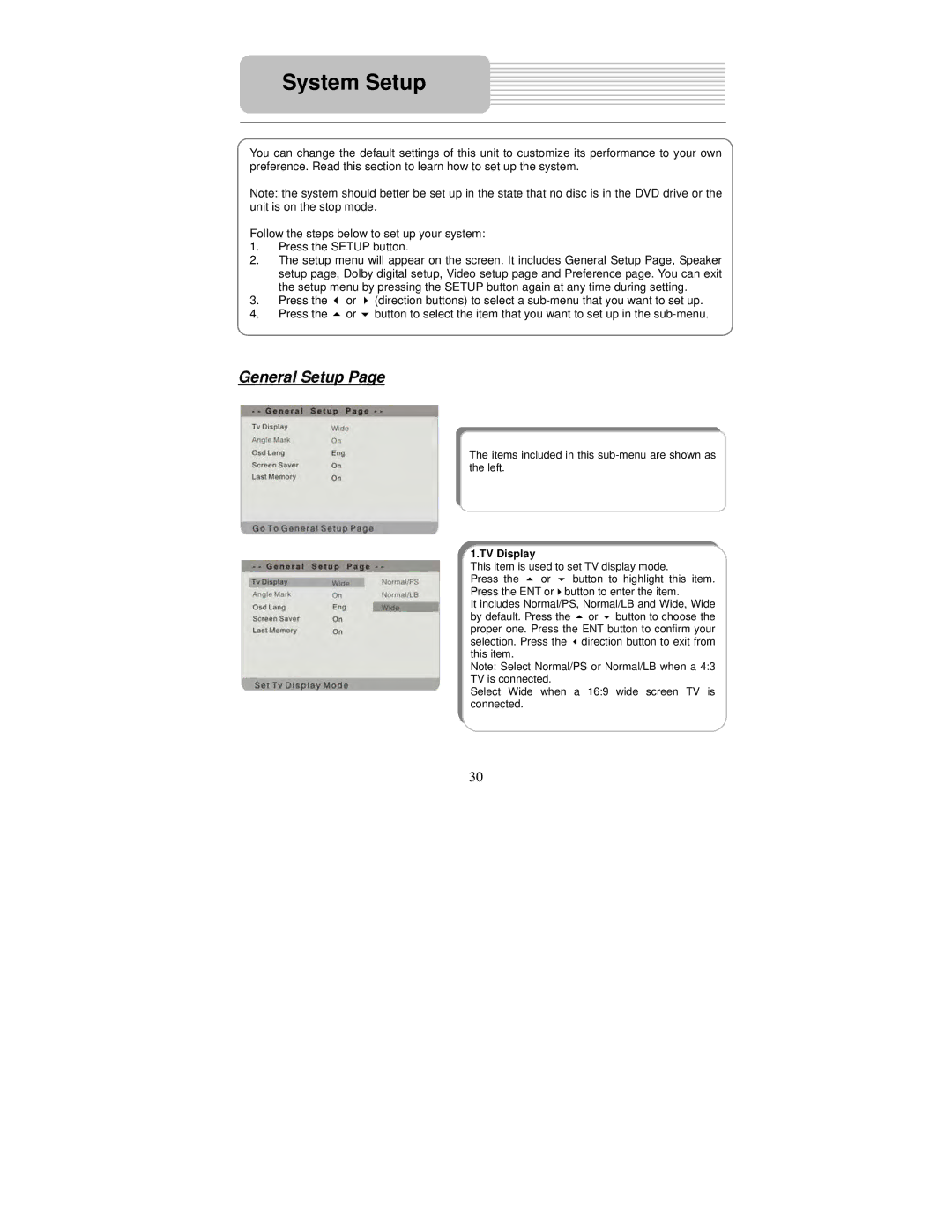 Polaroid PDM-0743M operation manual General Setup, TV Display 