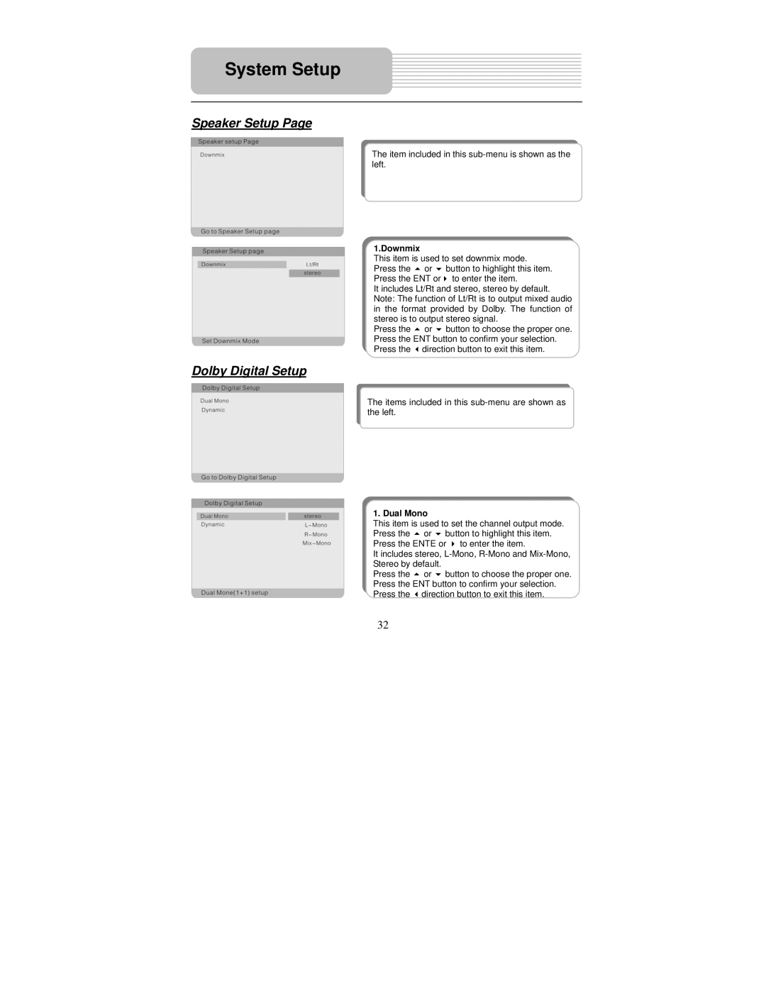 Polaroid PDM-0743M operation manual Speaker Setup, Dolby Digital Setup, Downmix, Dual Mono 