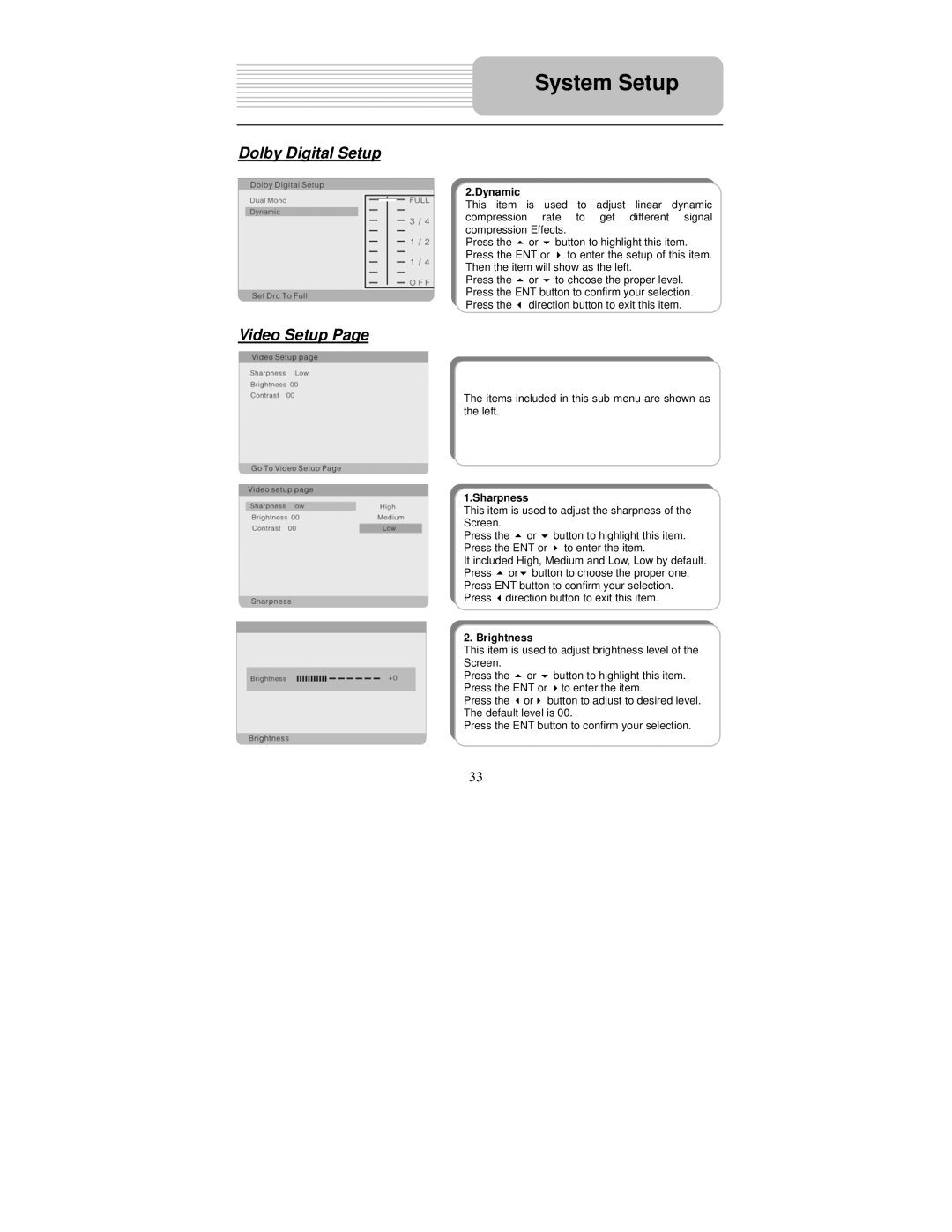 Polaroid PDM-0743M operation manual Video Setup, Dynamic, Sharpness, Brightness 