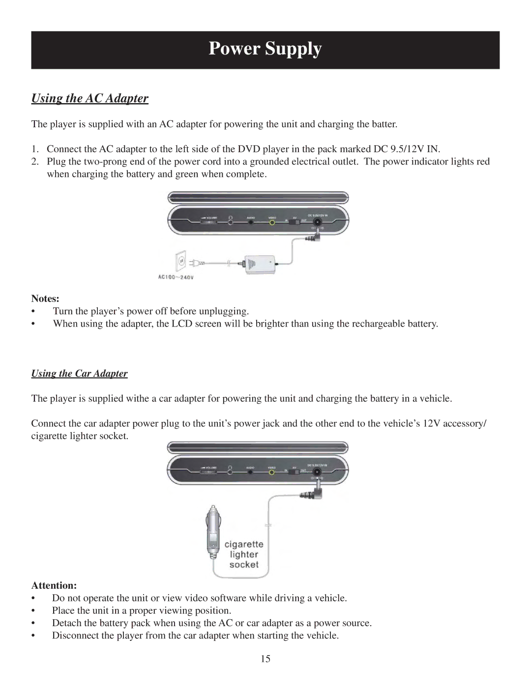 Polaroid PDM-0744M user manual Power Supply, Using the AC Adapter 