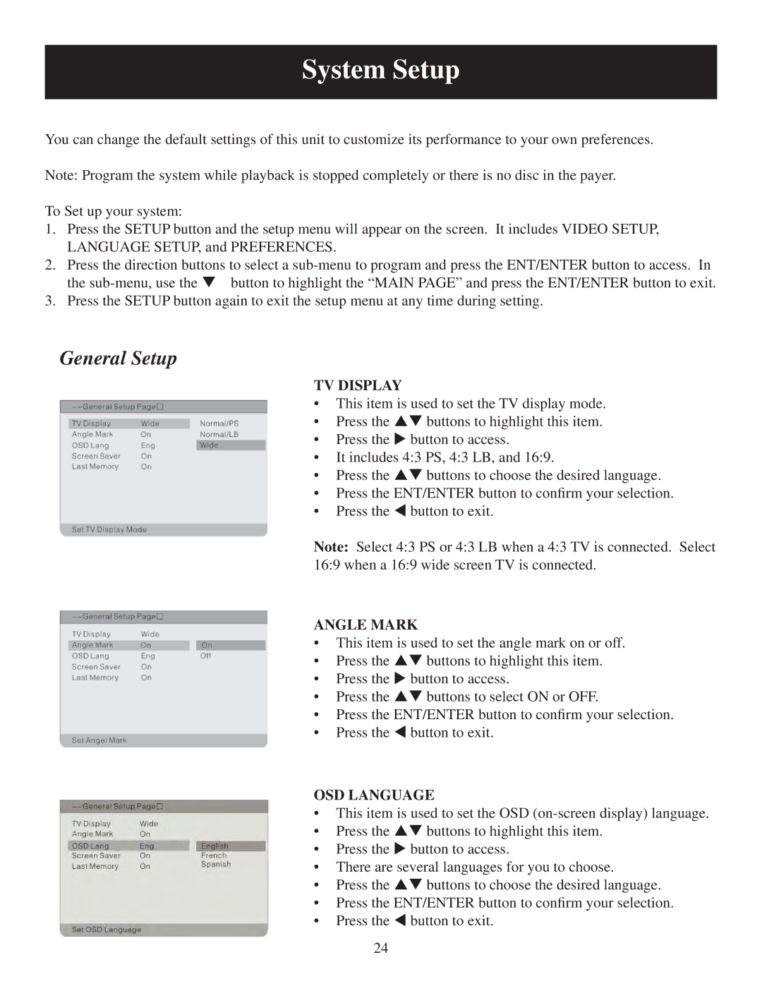 Polaroid PDM-0744M user manual System Setup, TV Display, Angle Mark, OSD Language 