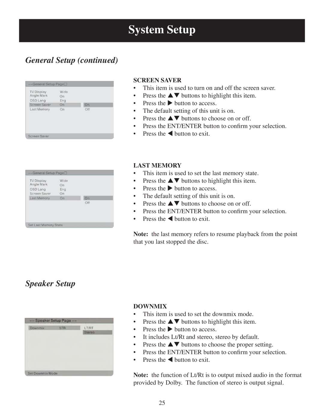 Polaroid PDM-0744M user manual Screen Saver, Last Memory, Downmix 