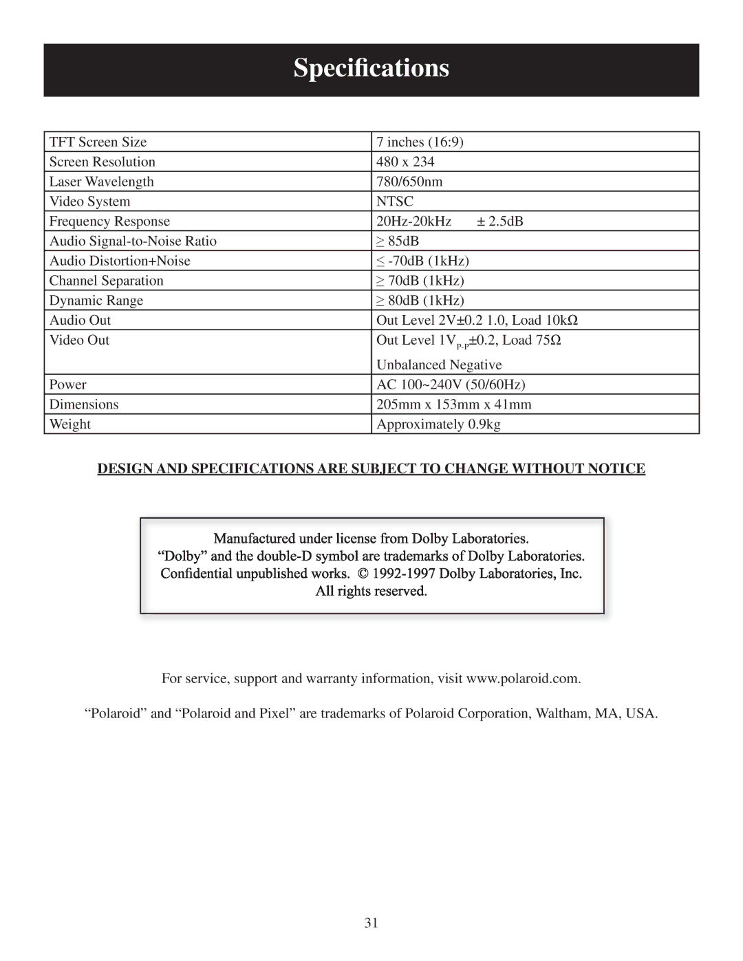 Polaroid PDM-0744M user manual Speciﬁcations, Ntsc 