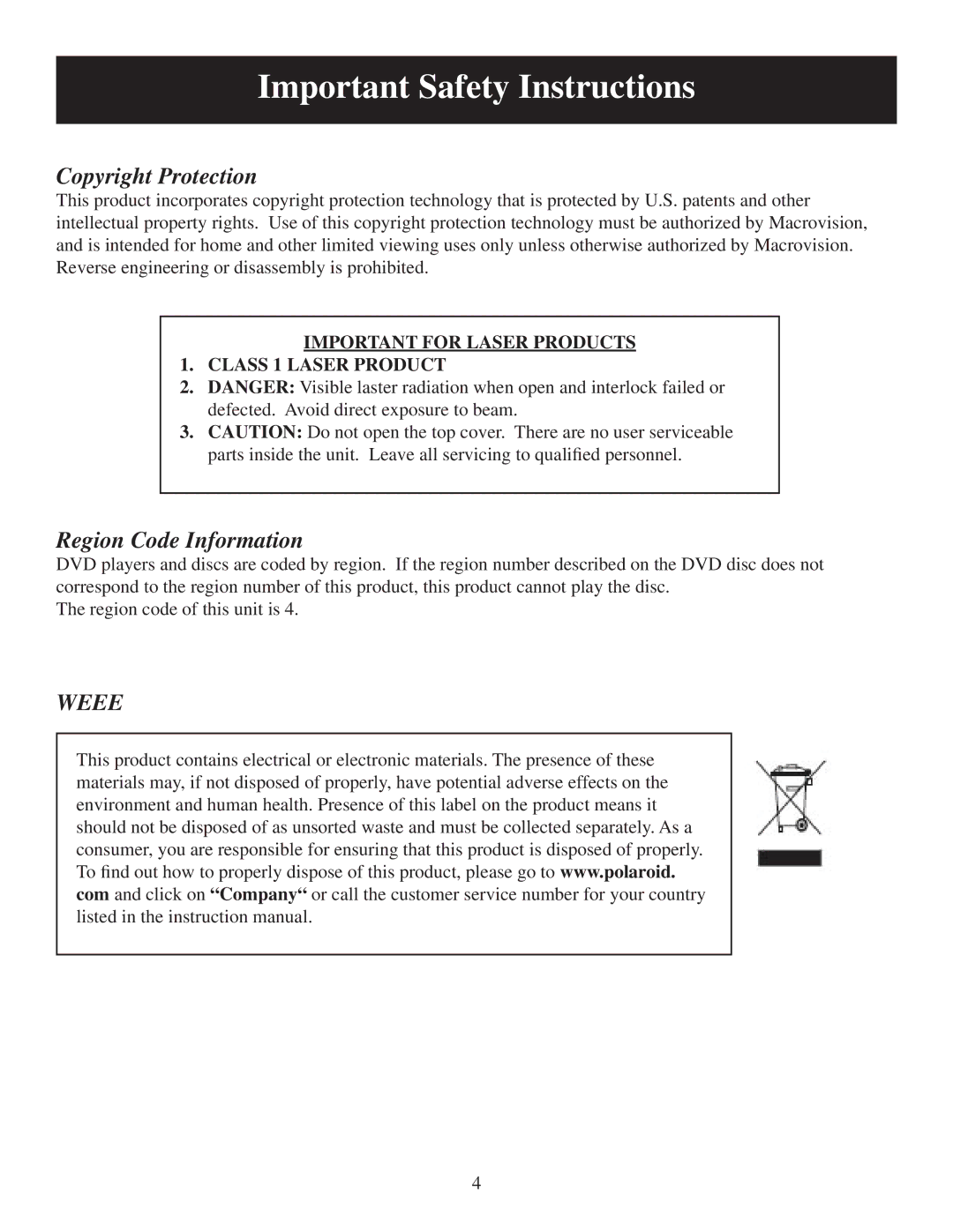 Polaroid PDM-0744M Copyright Protection, Region Code Information, Important for Laser Products Class 1 Laser Product 