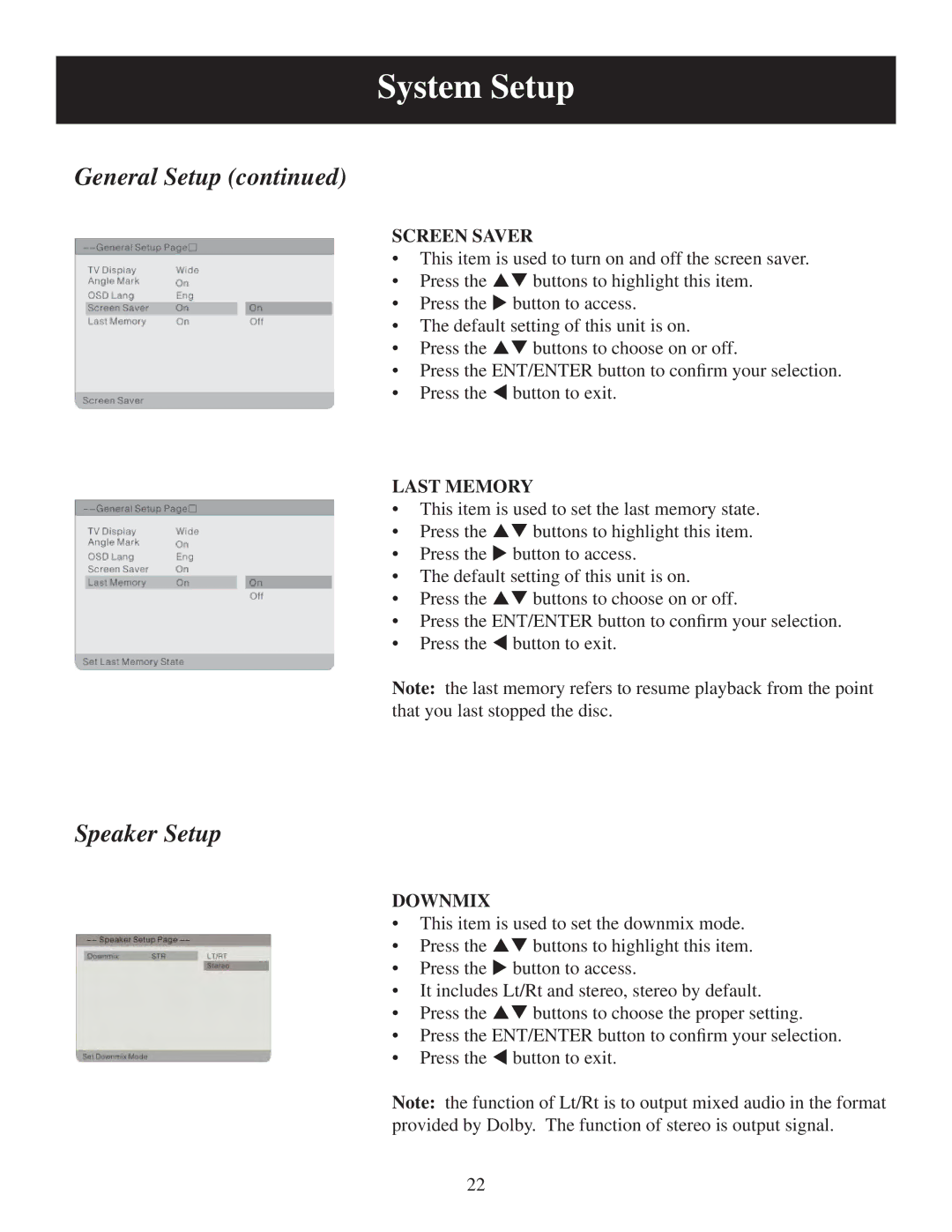 Polaroid PDM-0752 user manual Screen Saver, Last Memory, Downmix 