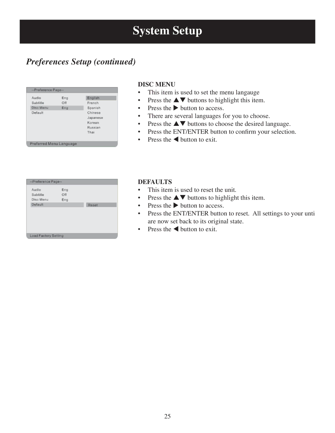 Polaroid PDM-0752 user manual Disc Menu, Defaults 