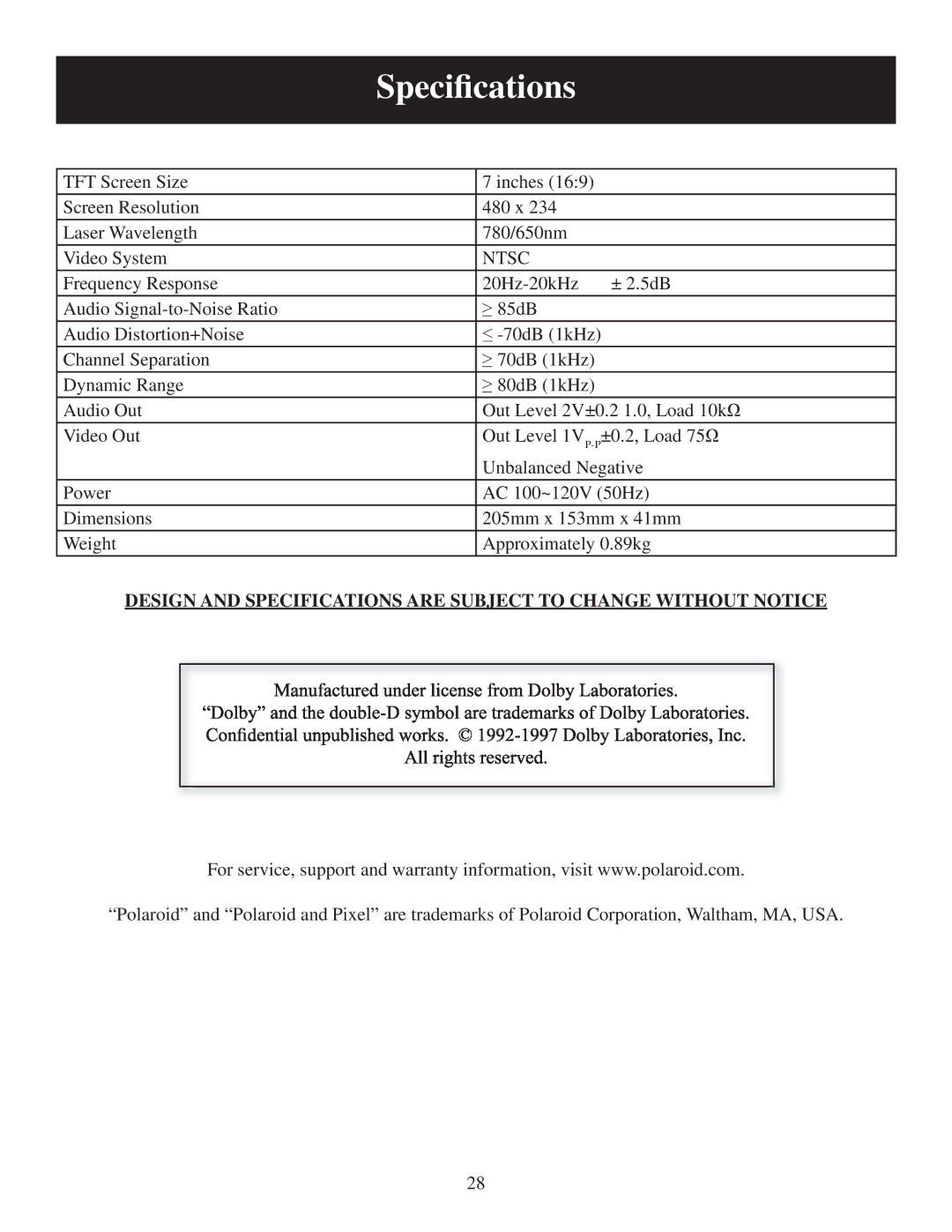 Polaroid PDM-0752 user manual Speciﬁcations, Ntsc 