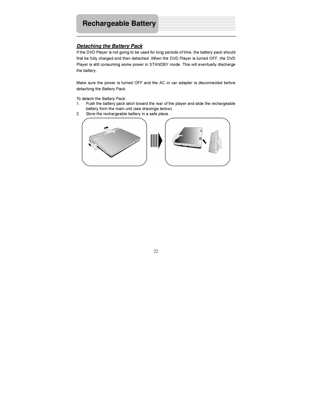 Polaroid PDM-0817 operation manual Detaching the Battery Pack 