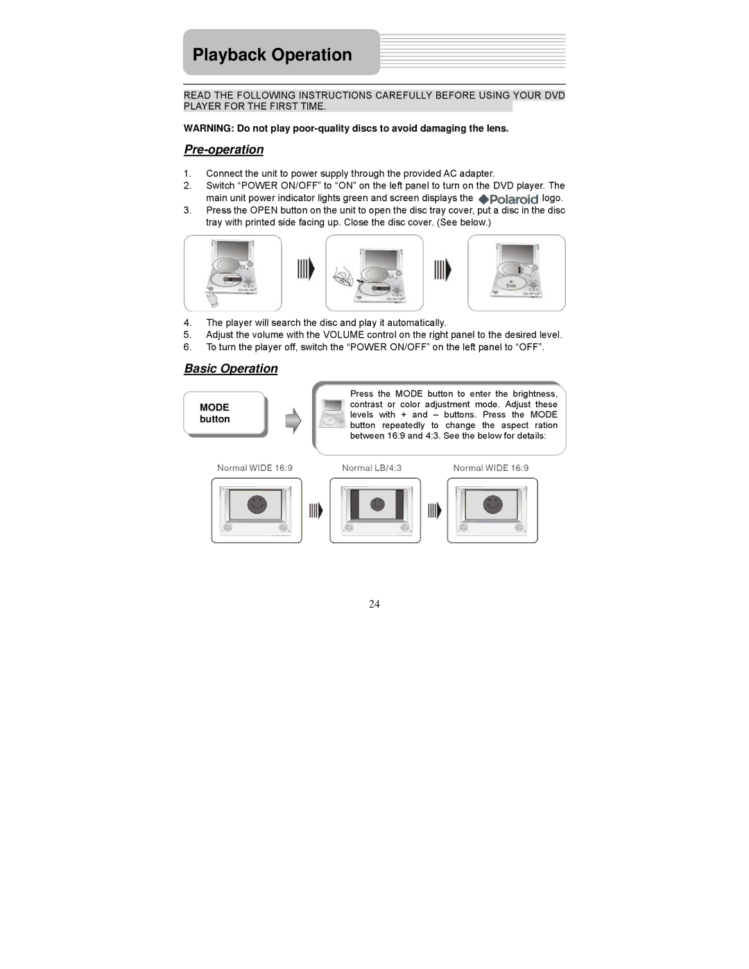 Polaroid PDM-0817 operation manual Playback Operation, Pre-operation, Basic Operation 