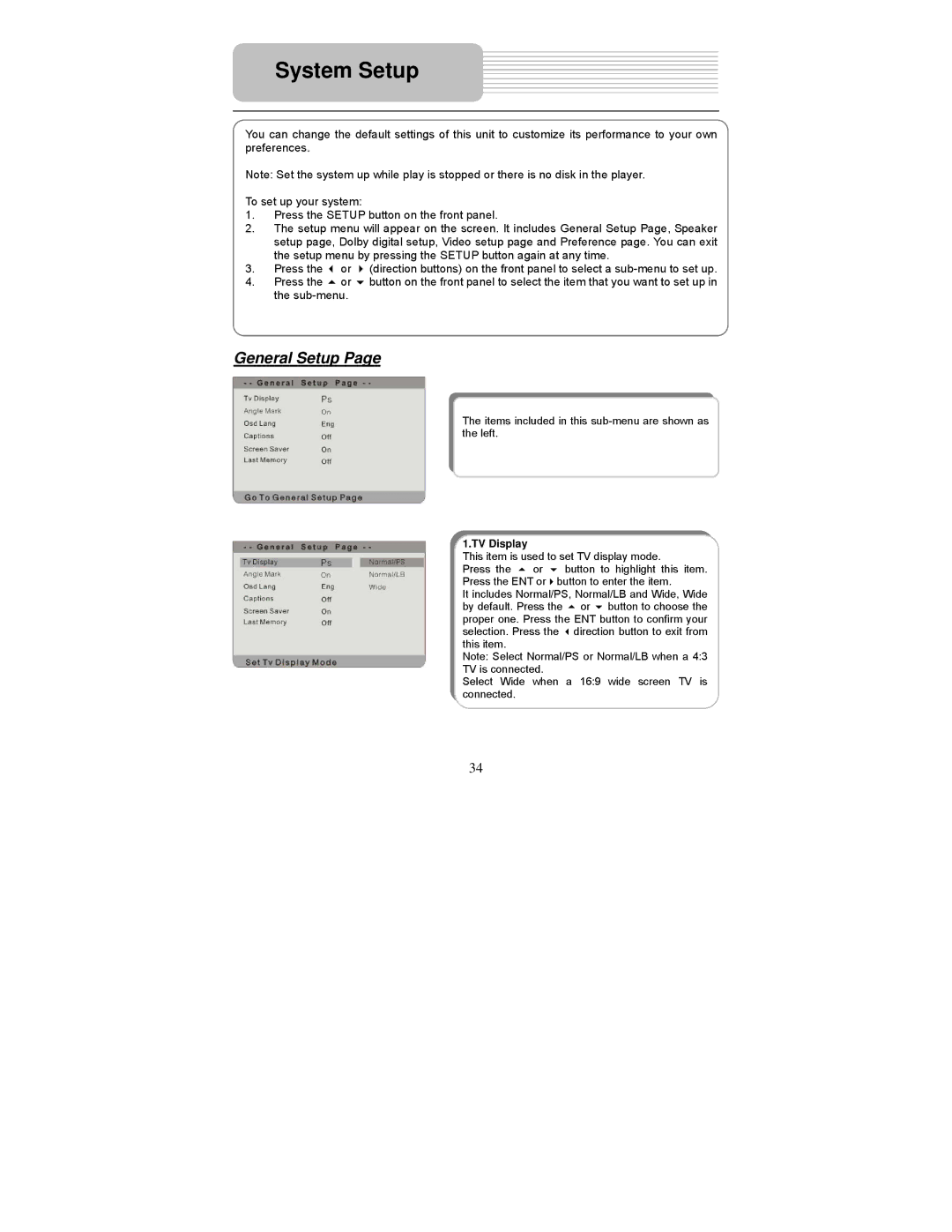 Polaroid PDM-0817 operation manual System Setup, General Setup 