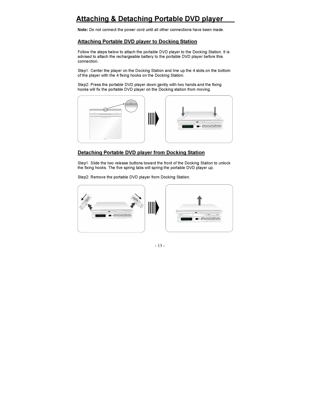 Polaroid PDM-0817 Attaching & Detaching Portable DVD player, Attaching Portable DVD player to Docking Station 