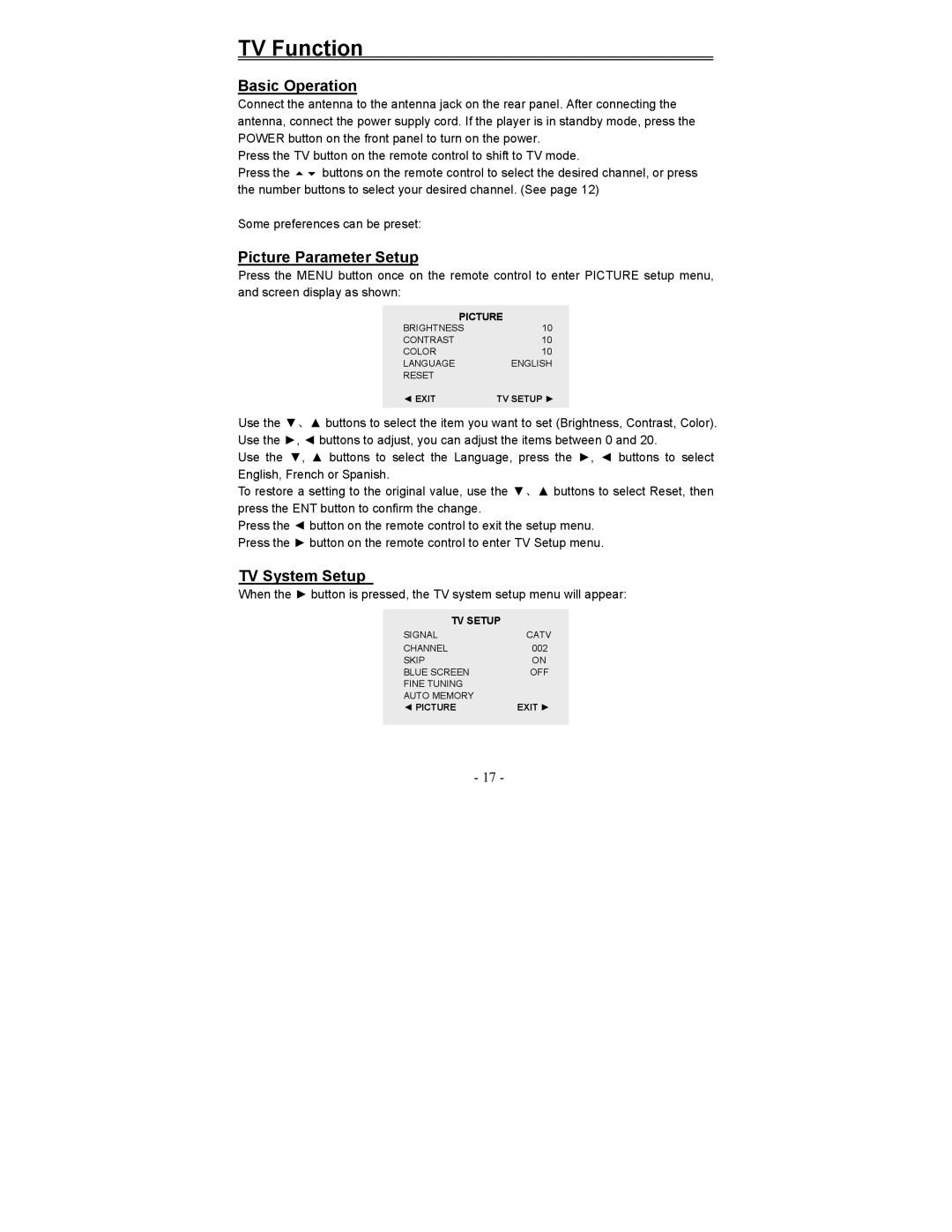 Polaroid PDM-0817 operation manual TV Function, Basic Operation, Picture Parameter Setup, TV System Setup 