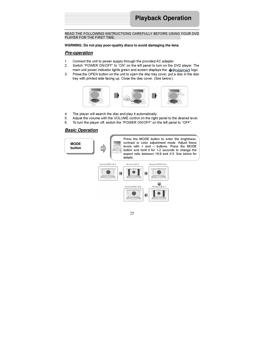 Polaroid PDM-0822BD operation manual Playback Operation, Pre-operation, Basic Operation 