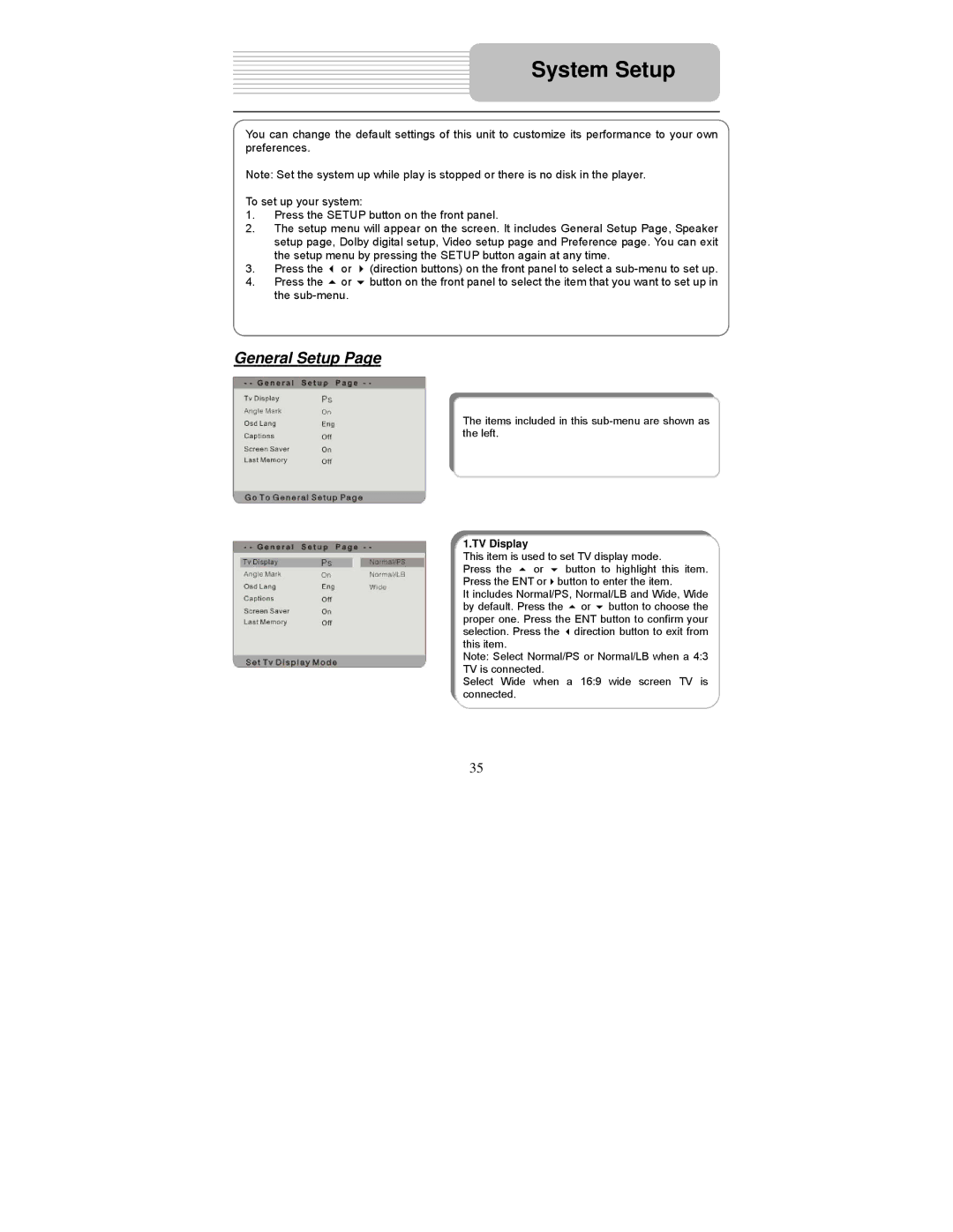 Polaroid PDM-0822BD operation manual System Setup, General Setup, TV Display 