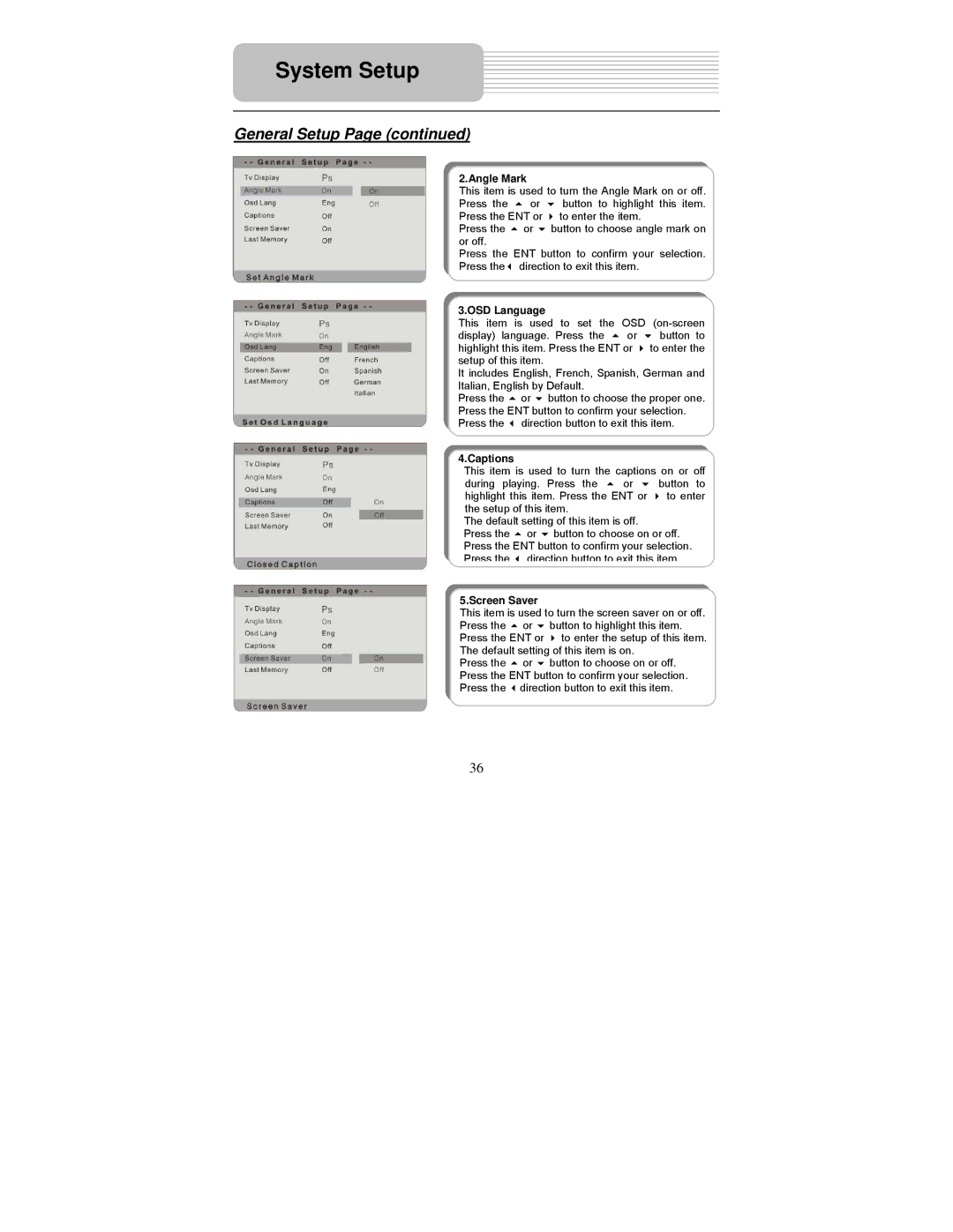 Polaroid PDM-0822BD operation manual Angle Mark, OSD Language, Captions, Screen Saver 