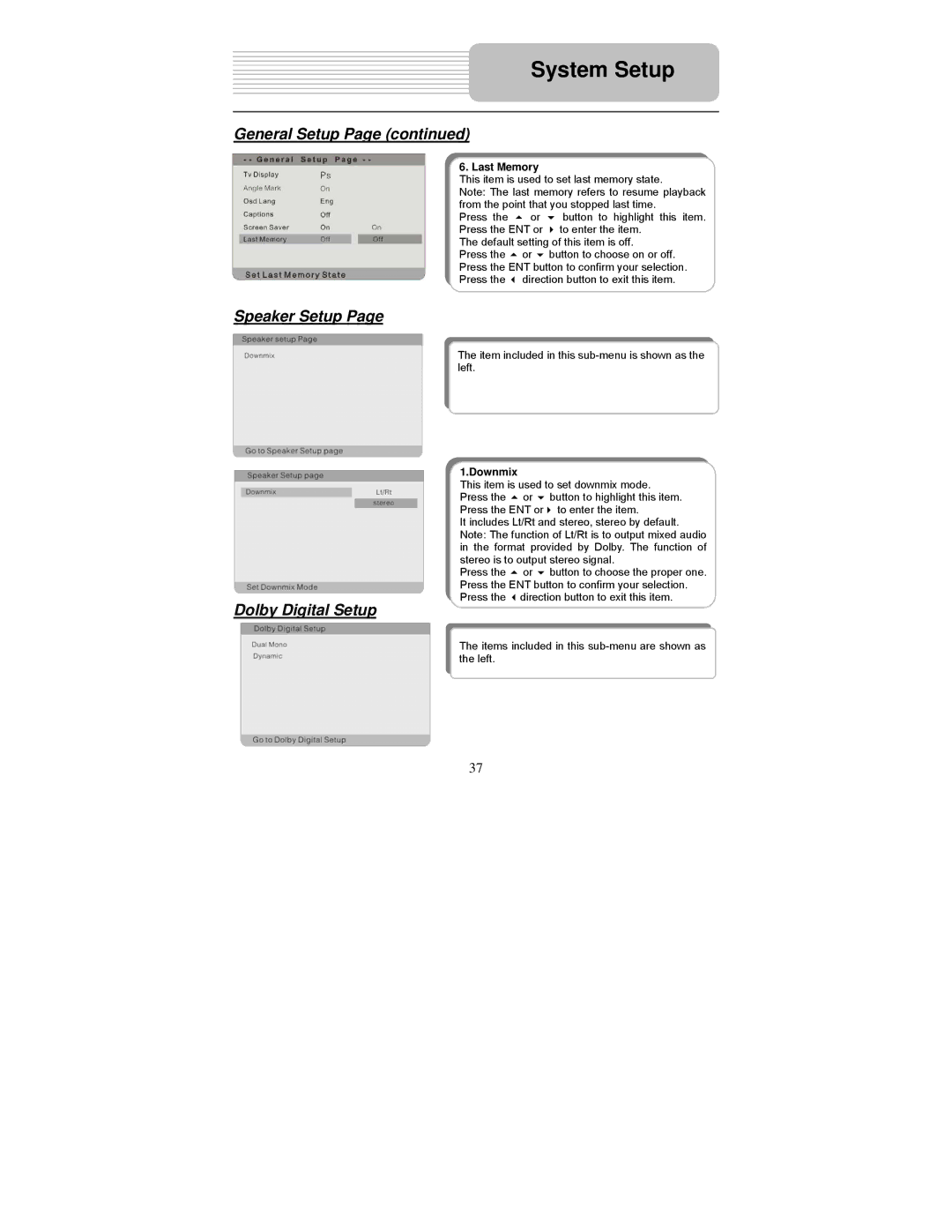 Polaroid PDM-0822BD operation manual Speaker Setup, Dolby Digital Setup, Last Memory, Downmix 