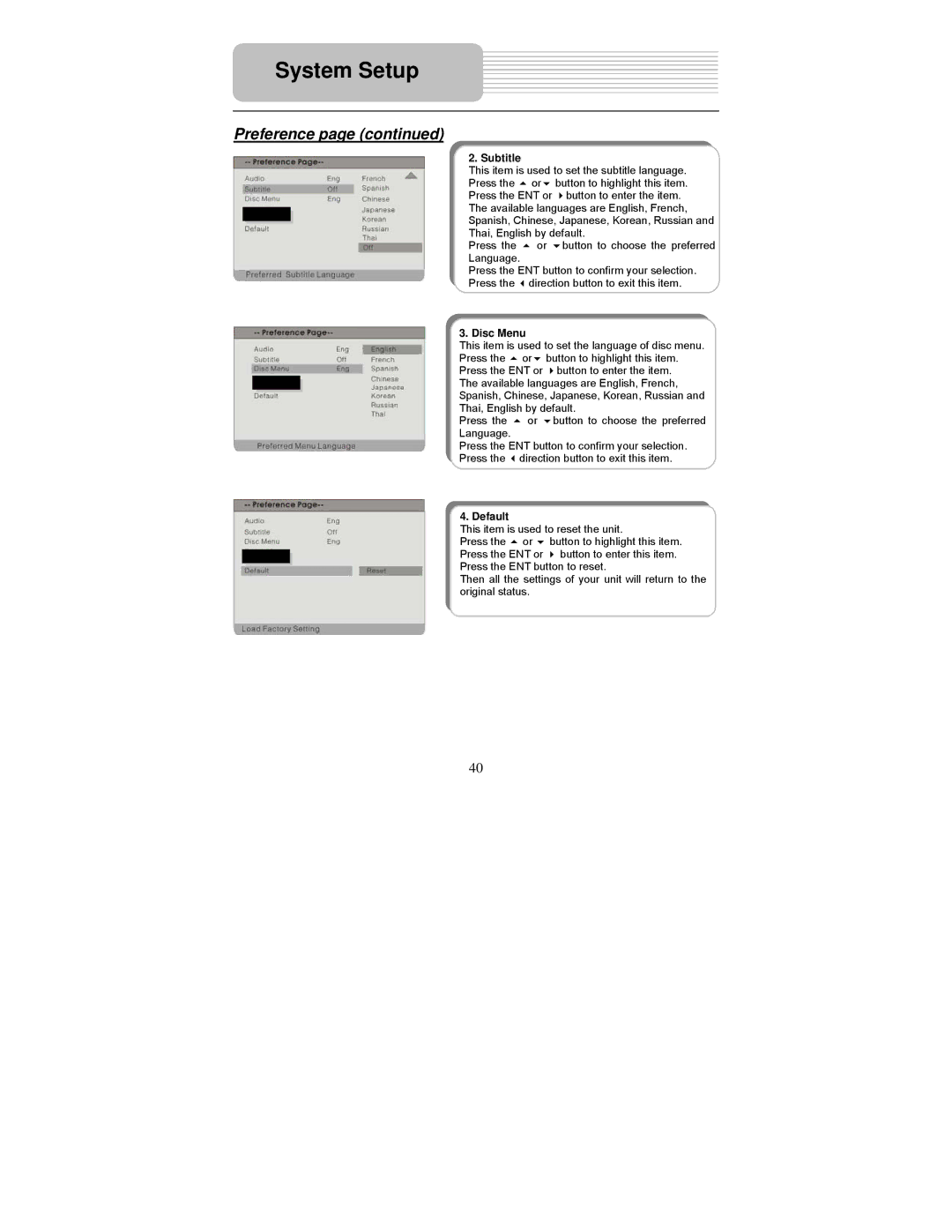 Polaroid PDM-0822BD operation manual Subtitle, Disc Menu, Default 