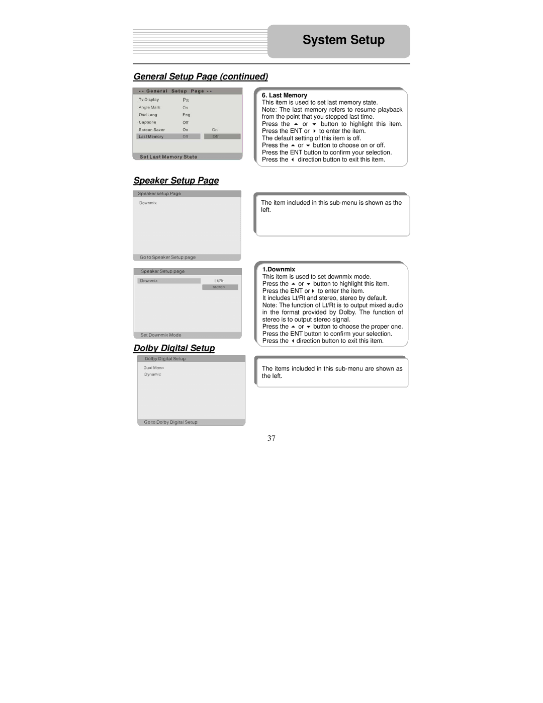 Polaroid PDM-0824 operation manual Speaker Setup, Dolby Digital Setup, Last Memory, Downmix 