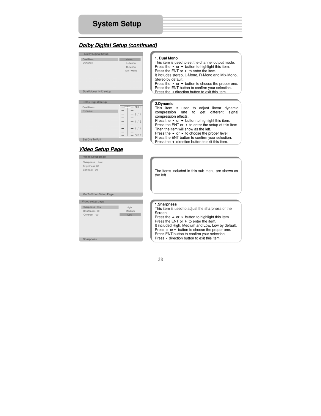 Polaroid PDM-0824 operation manual Video Setup, Dual Mono, Dynamic, Sharpness 