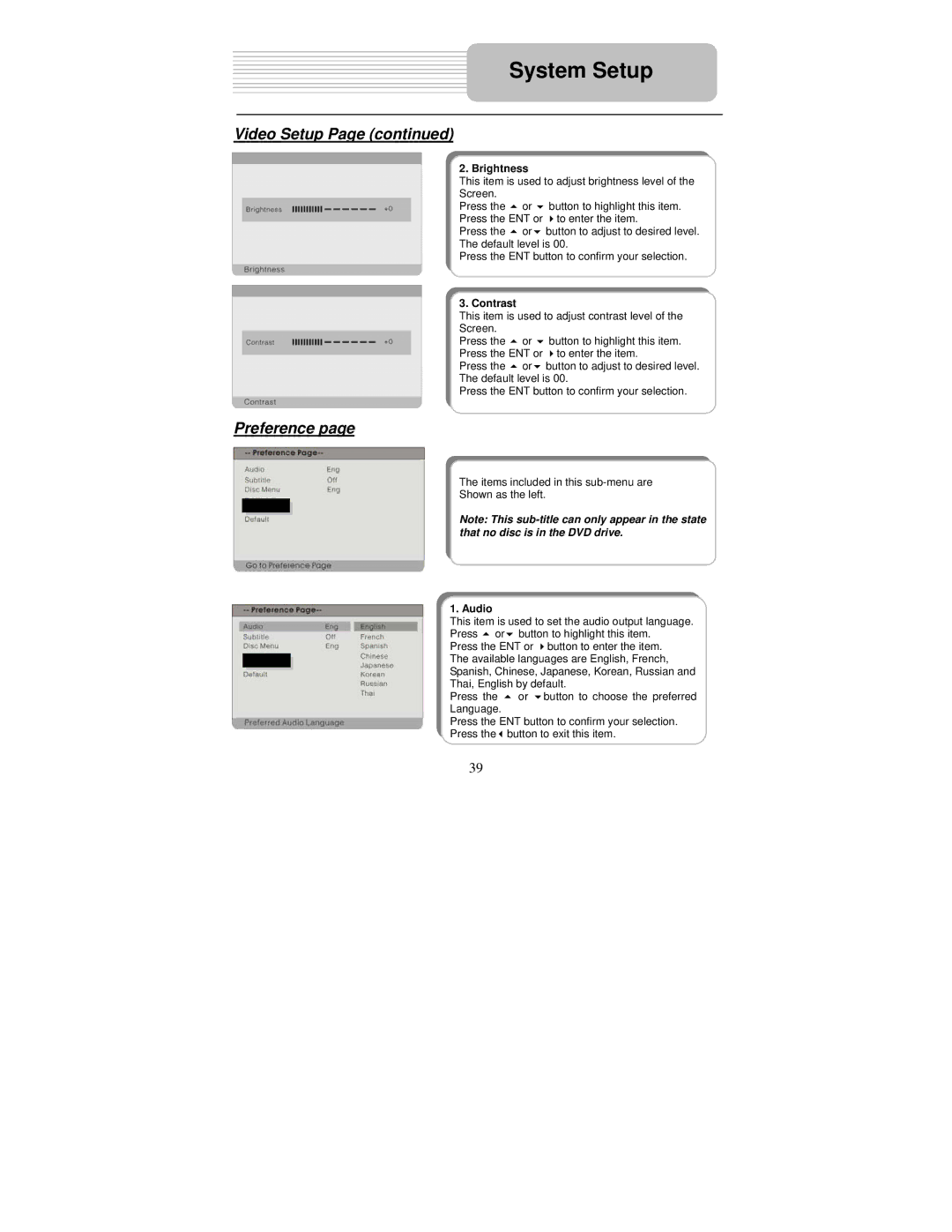 Polaroid PDM-0824 operation manual Preference, Brightness, Contrast, Audio 