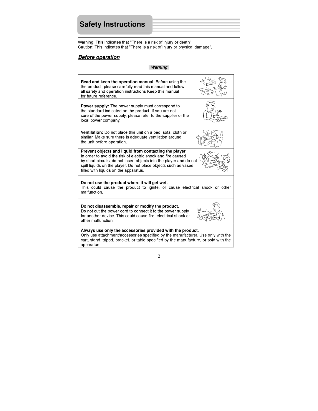 Polaroid PDM-0825M operation manual Safety Instructions, Before operation, Do not use the product where it will get wet 