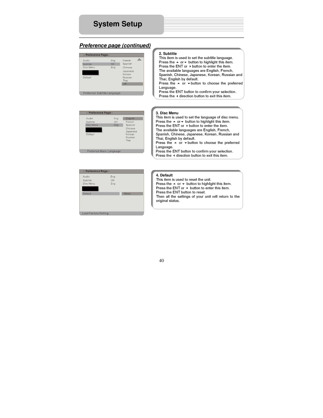 Polaroid PDM-0825M operation manual Subtitle, Disc Menu, Default 