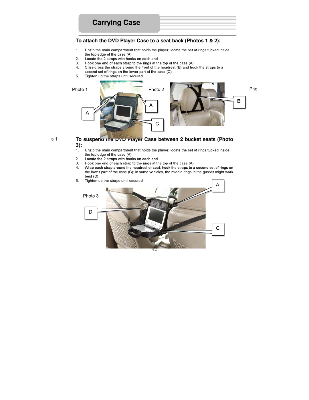 Polaroid PDM-0825M operation manual To attach the DVD Player Case to a seat back Photos 1 