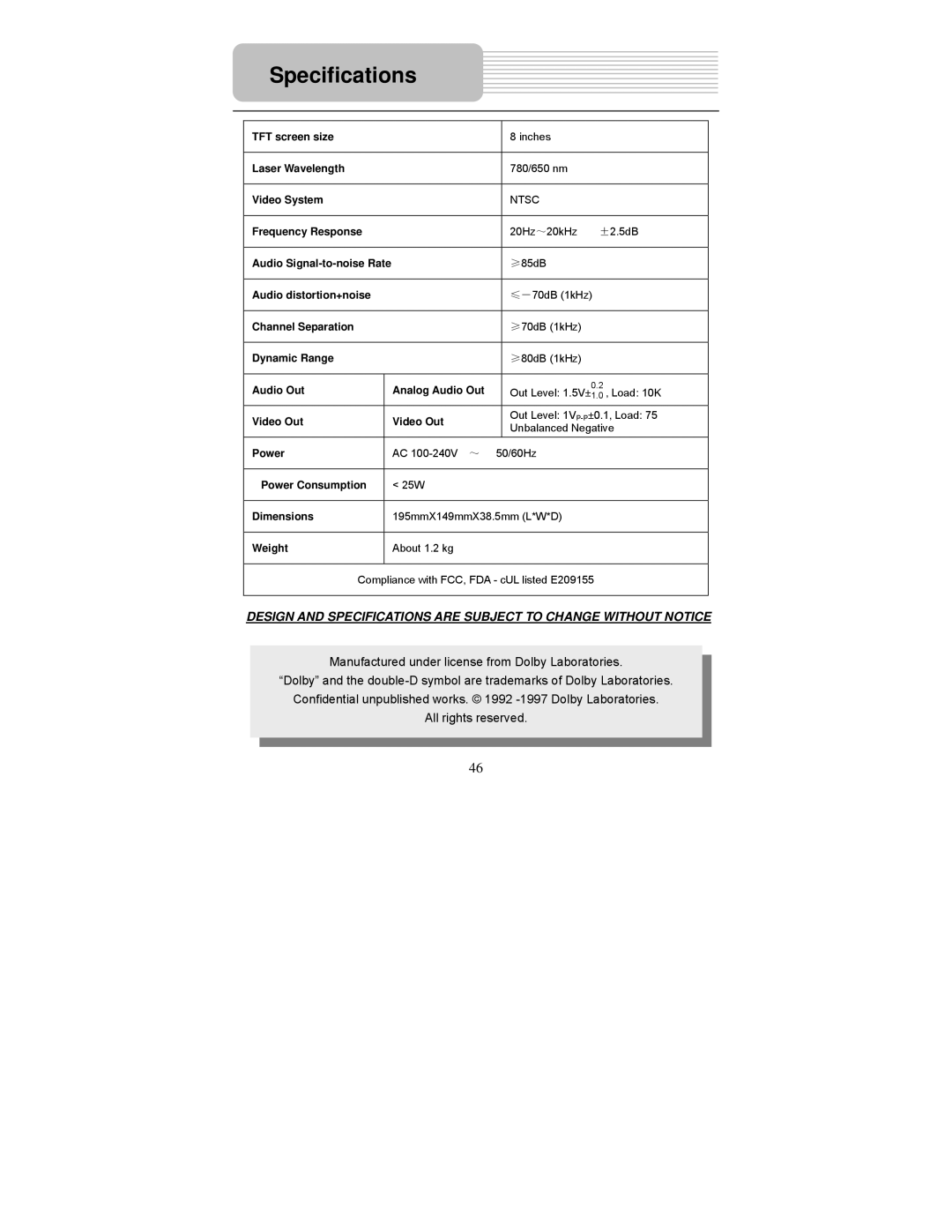 Polaroid PDM-0825M operation manual Specifications 