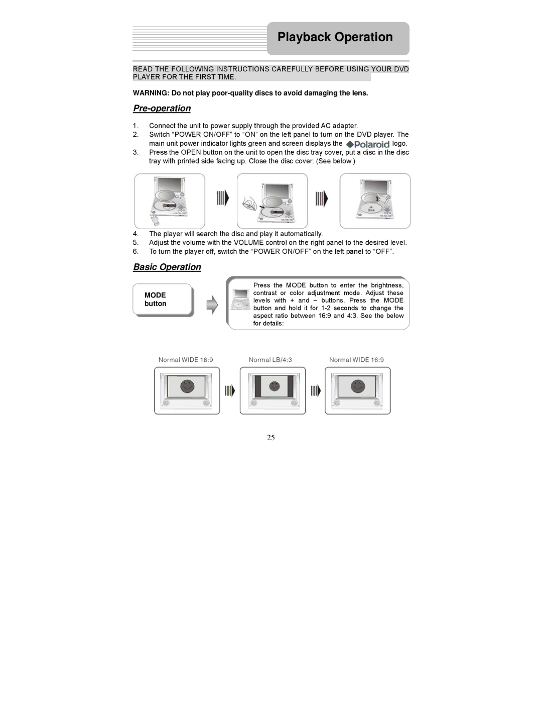 Polaroid PDM-0990DS operation manual Playback Operation, Pre-operation, Basic Operation 