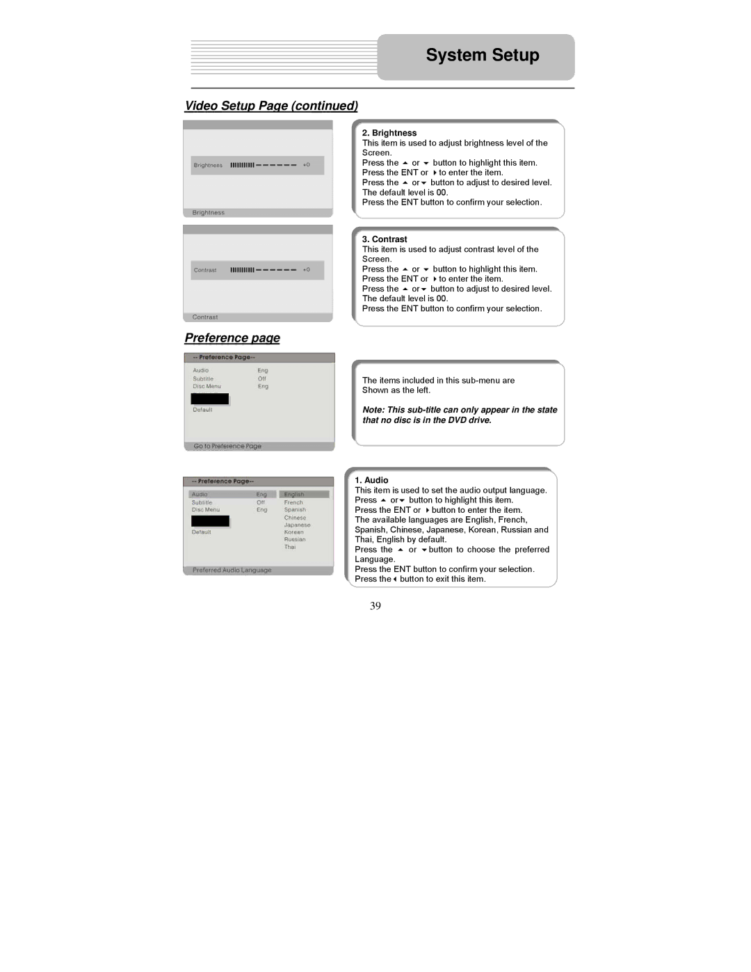 Polaroid PDM-0990DS operation manual Preference, Brightness 