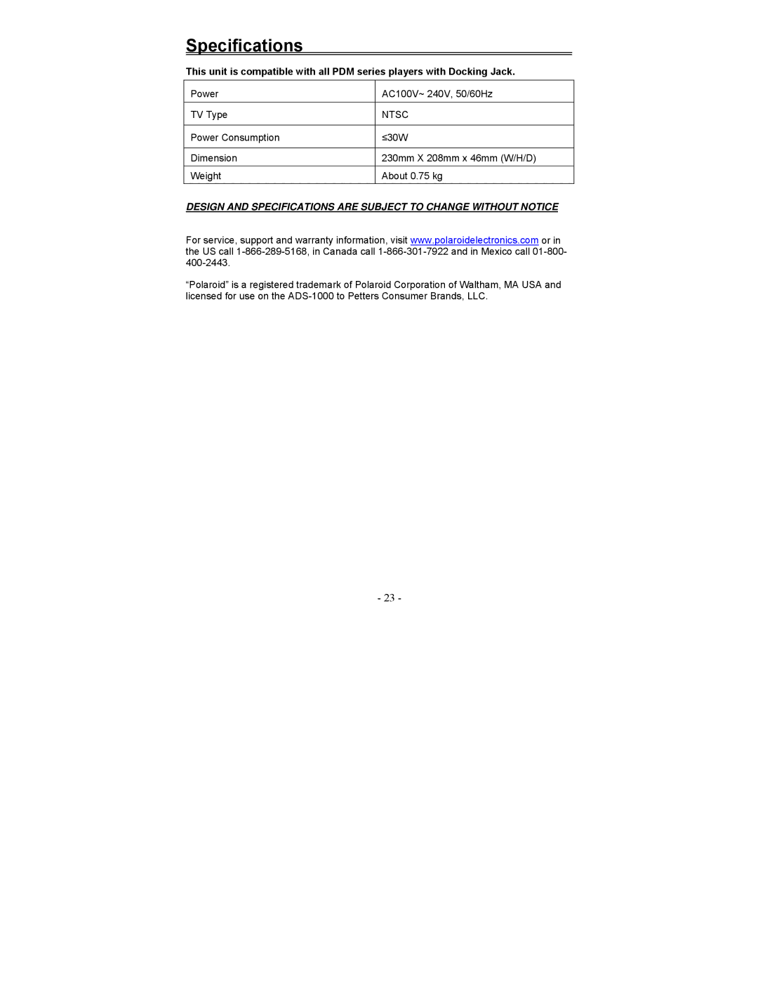 Polaroid PDM-0990DS operation manual Specifications, Power AC100V~ 240V, 50/60Hz TV Type 