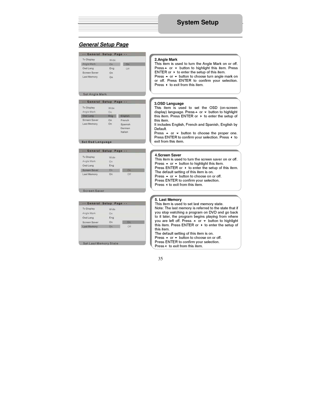 Polaroid PDM-1035 operation manual Angle Mark, OSD Language, Screen Saver, Last Memory 