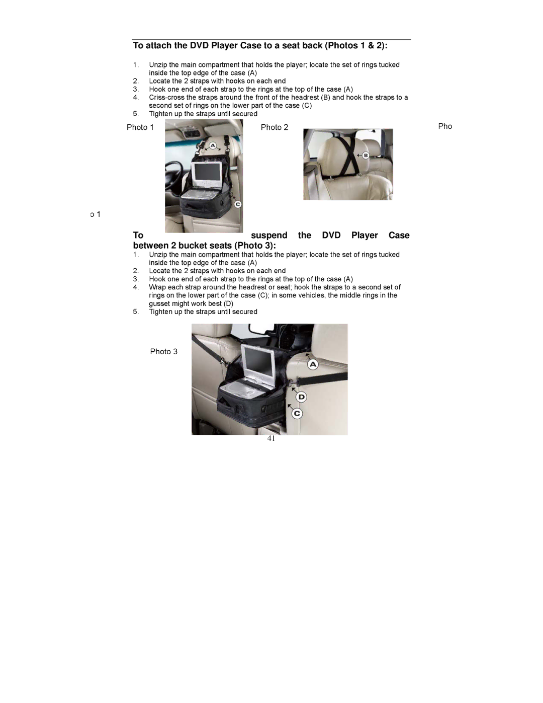 Polaroid PDM-1035 operation manual To attach the DVD Player Case to a seat back Photos 1 