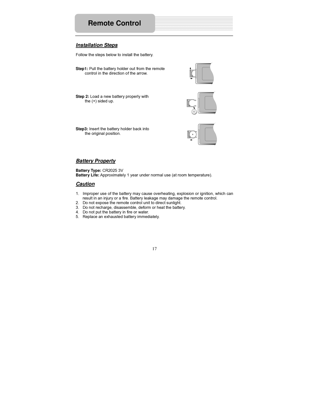 Polaroid PDM-1040 manual Installation Steps, Battery Property, Battery Type CR2025 