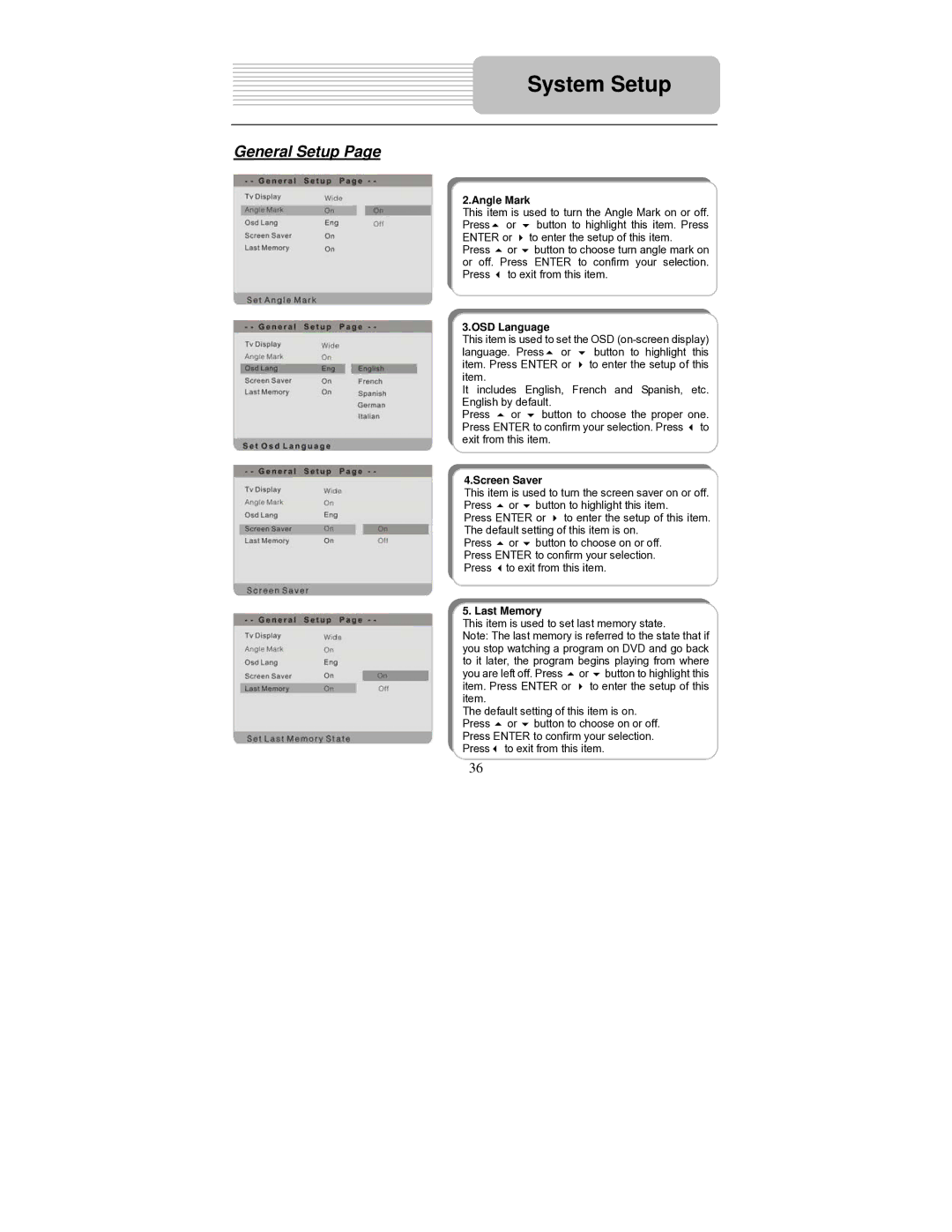 Polaroid PDM-1040 manual Angle Mark, OSD Language, Screen Saver, Last Memory 