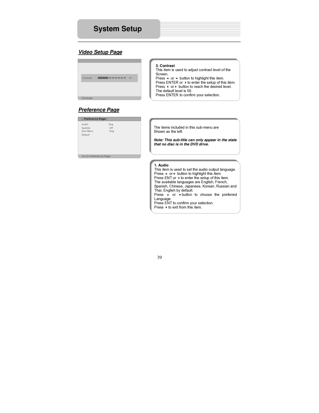 Polaroid PDM-1040 manual Preference, Contrast, Audio 