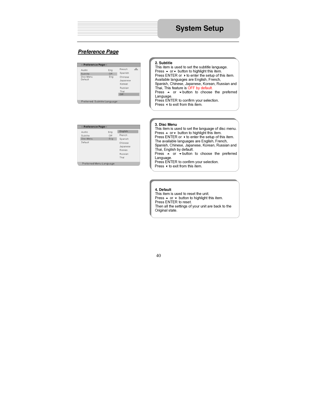 Polaroid PDM-1040 manual Subtitle, Disc Menu, Default 