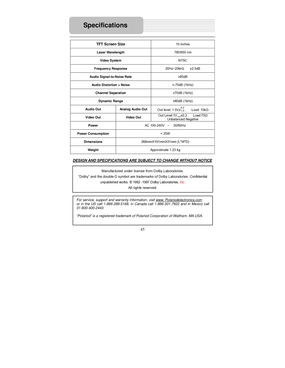 Polaroid PDM-1040 manual Specifications, TFT Screen Size, Video System, Audio Out Analog Audio Out, Power 