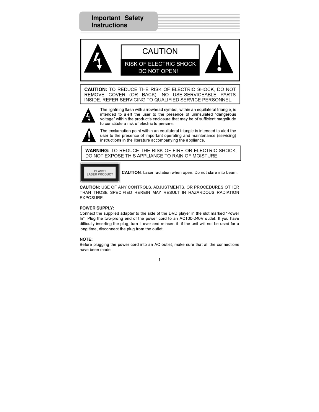 Polaroid PDM-1058 user manual Important Safety Instructions, Power Supply 