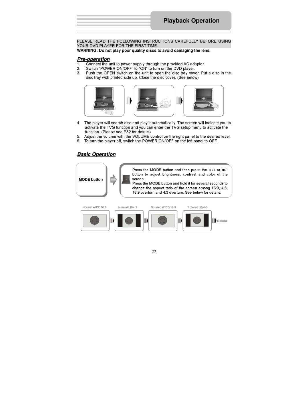 Polaroid PDM-1058 user manual Playback Operation, Pre-operation, Basic Operation, Mode button 