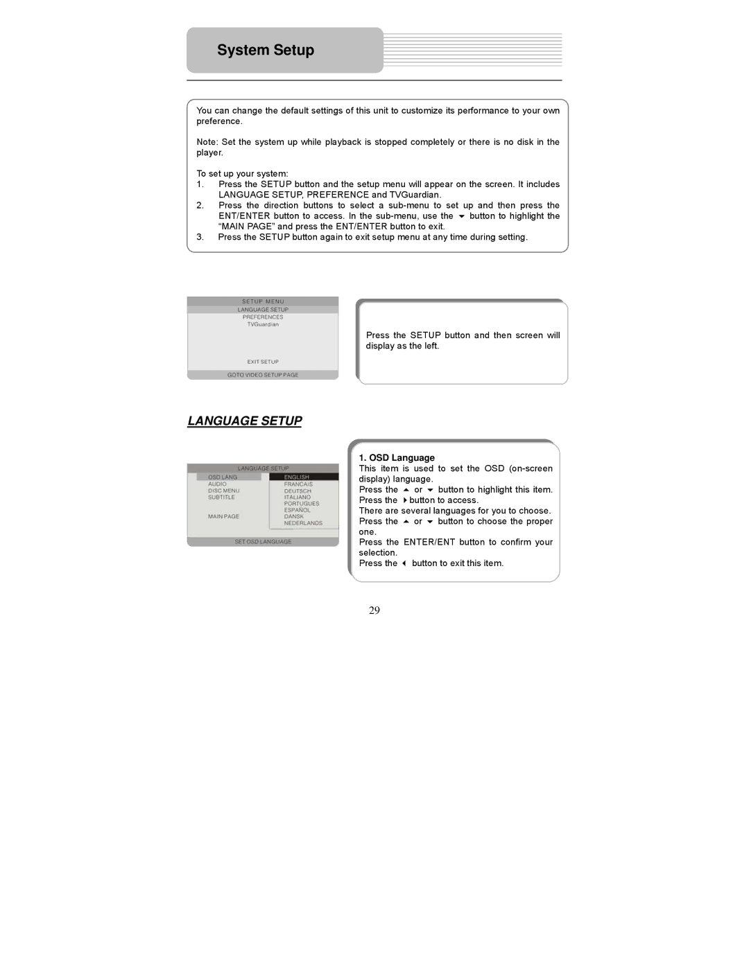 Polaroid PDM-1058 user manual System Setup, OSD Language 