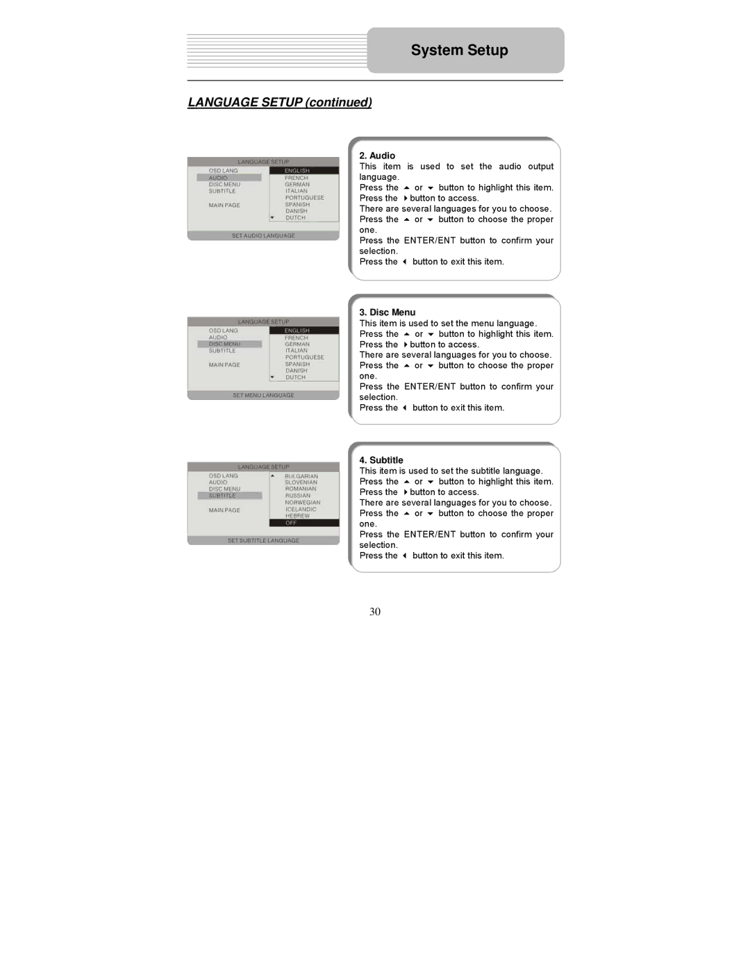 Polaroid PDM-1058 user manual Language Setup, Audio, Disc Menu, Subtitle 