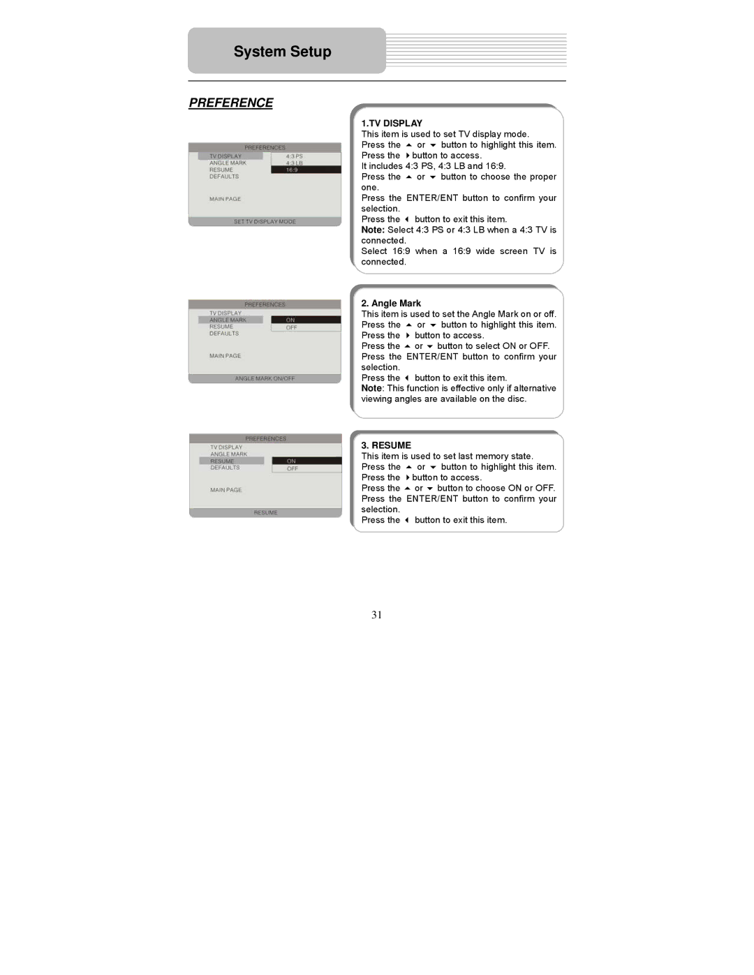 Polaroid PDM-1058 user manual Preference, Angle Mark 