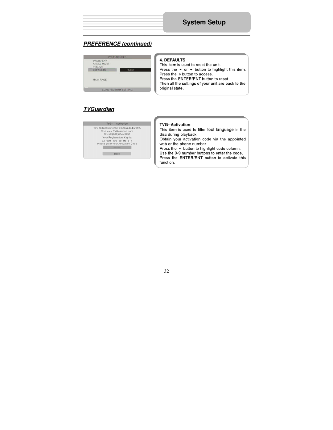 Polaroid PDM-1058 user manual Preference, TVGuardian, TVG--Activation 