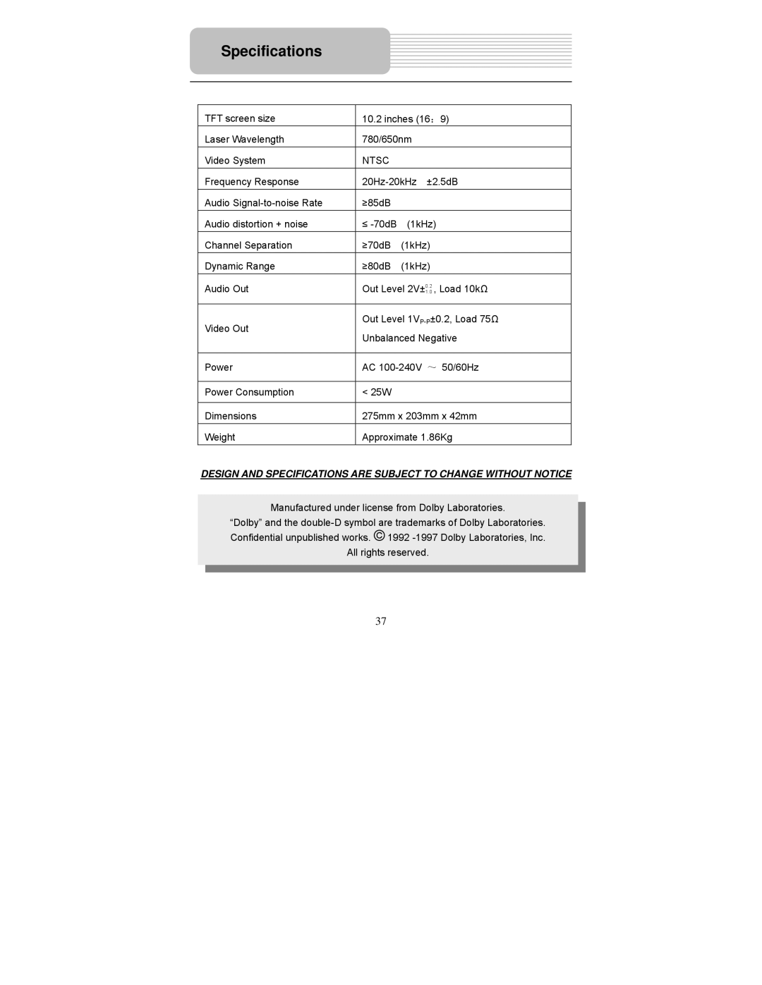 Polaroid PDM-1058 user manual Specifications, Ntsc 