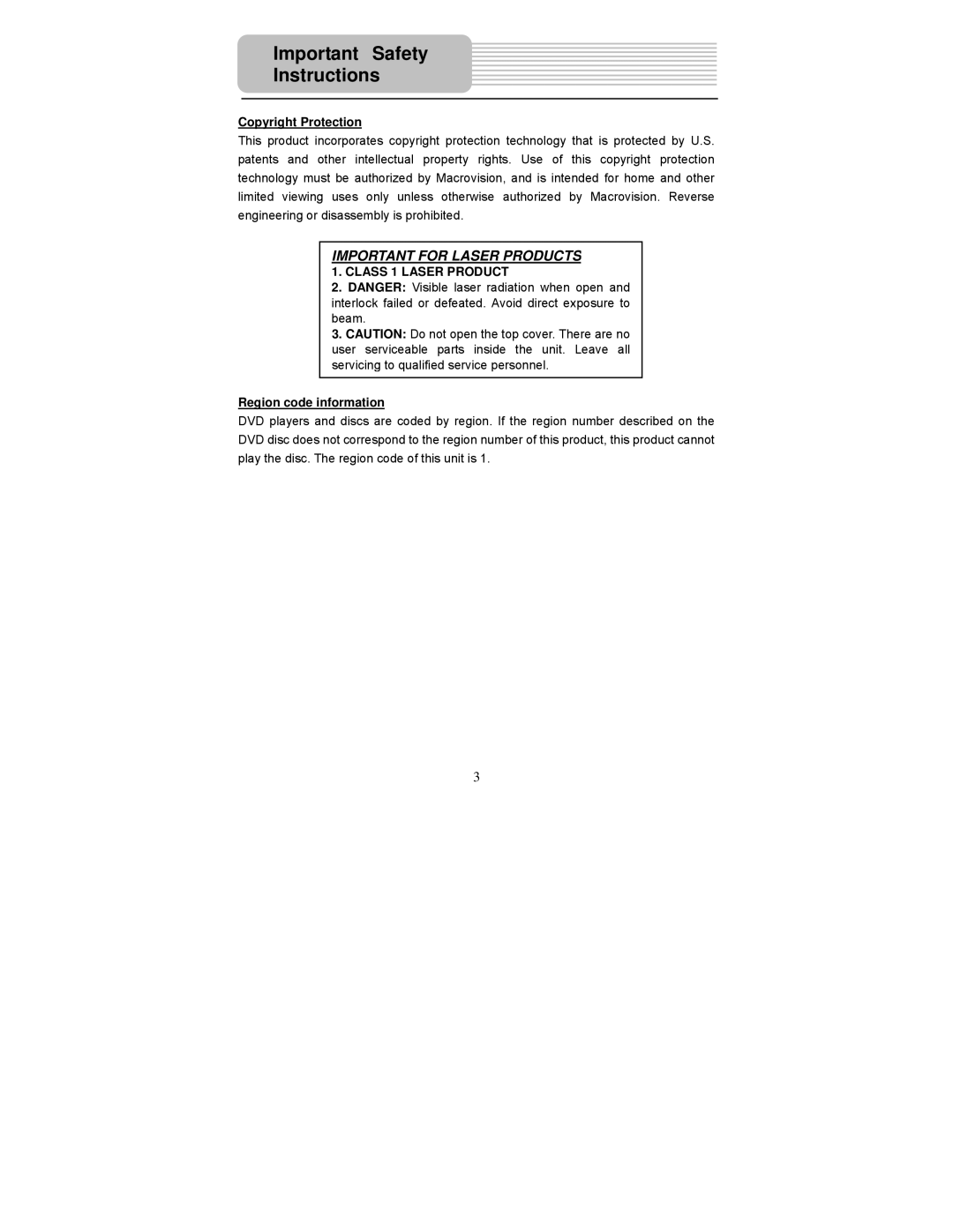 Polaroid PDM-1058 user manual Important for Laser Products 