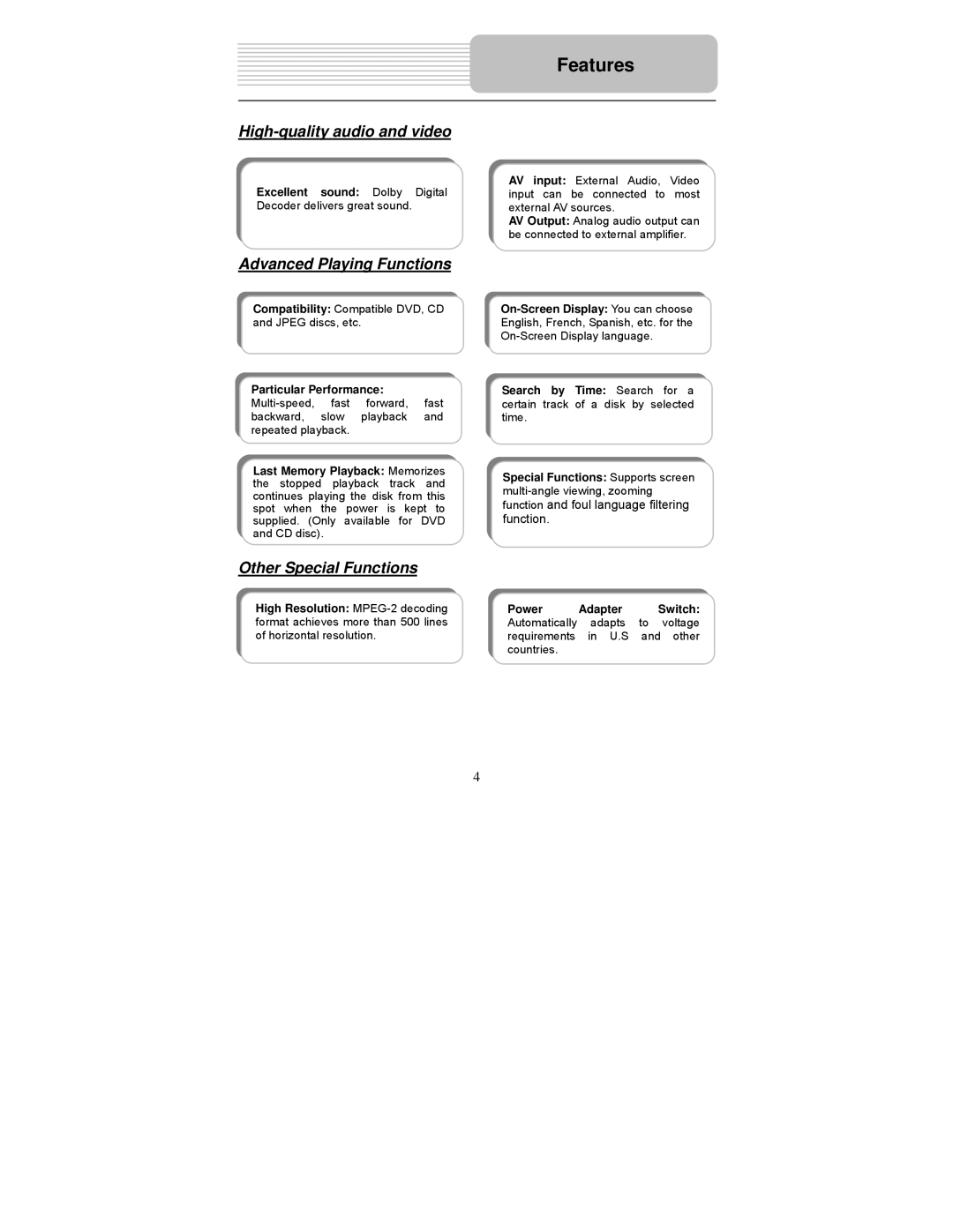 Polaroid PDM-1058 user manual Features, High-quality audio and video, Advanced Playing Functions, Other Special Functions 